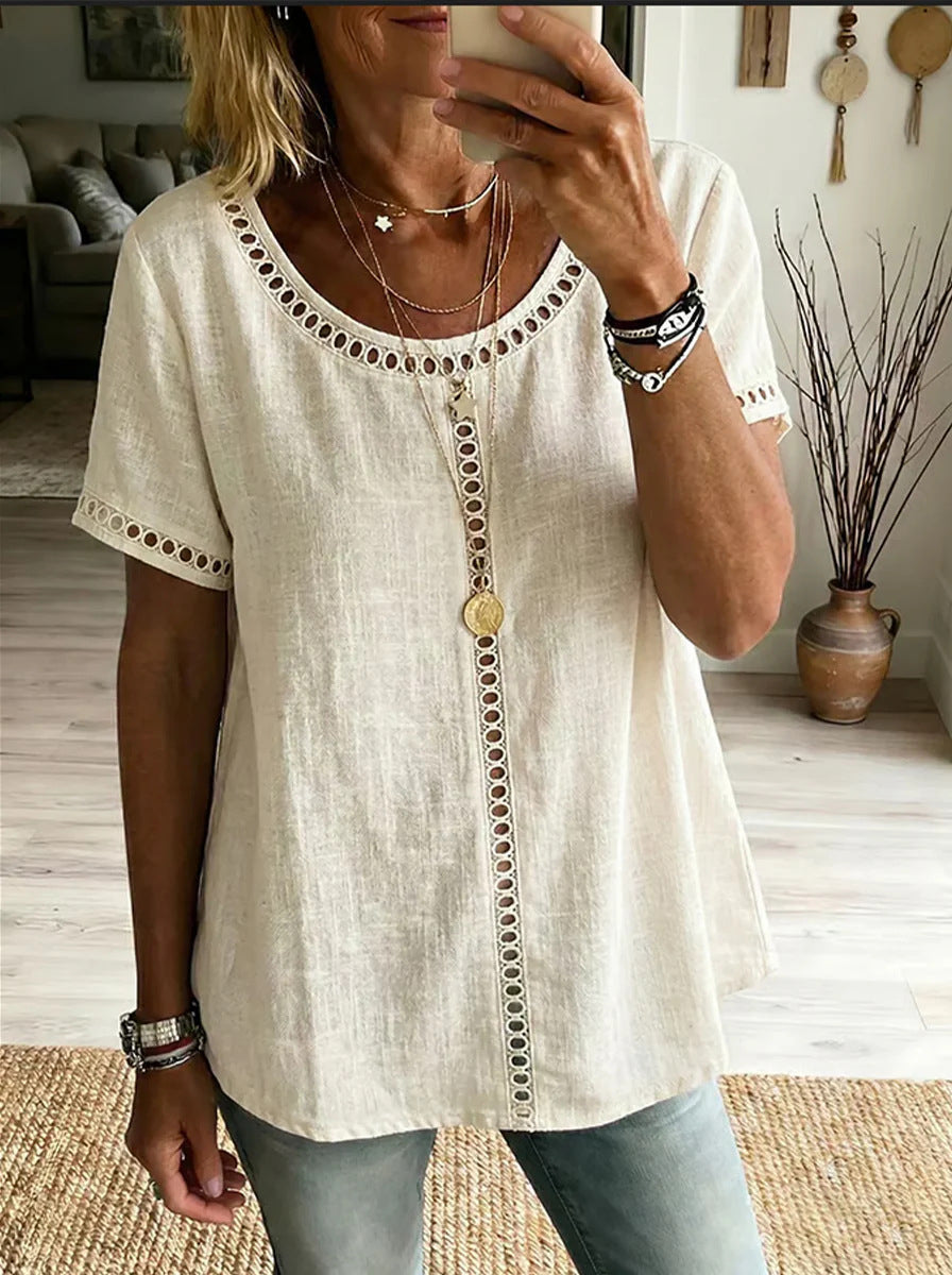 Solid color hollowed-out lace fashionable short-sleeved shirt