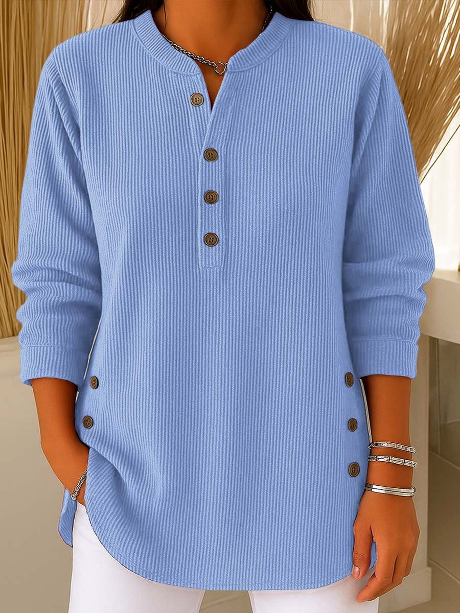Casual V-neck button-down long-sleeved women's top T-shirt
