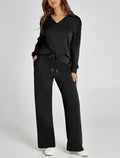V-neck long-sleeved top with elastic waist and flared trousers two-piece set