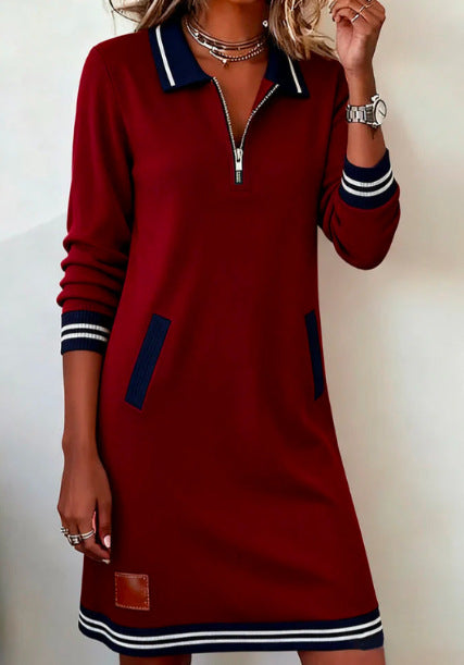 Spring and Autumn Casual Zipper Long-Sleeve Sweatshirt Dress Color Block Midi Skirt
