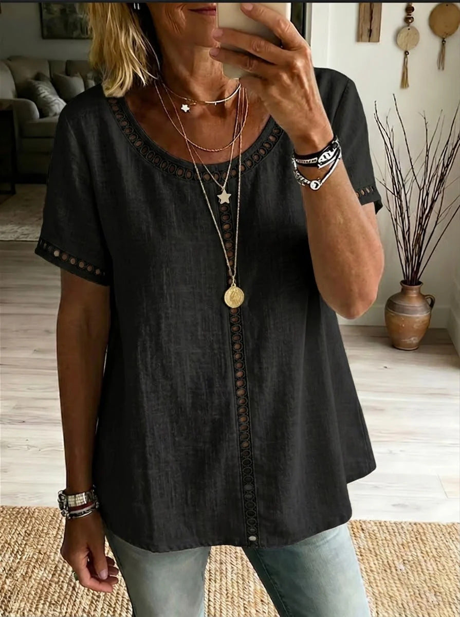 Solid color hollowed-out lace fashionable short-sleeved shirt