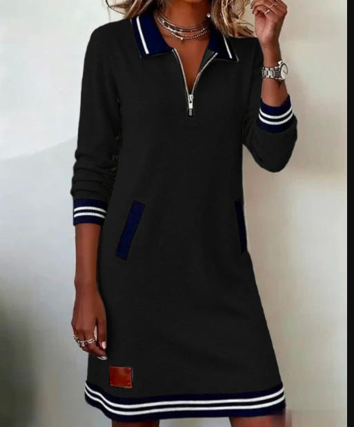 Spring and Autumn Casual Zipper Long-Sleeve Sweatshirt Dress Color Block Midi Skirt