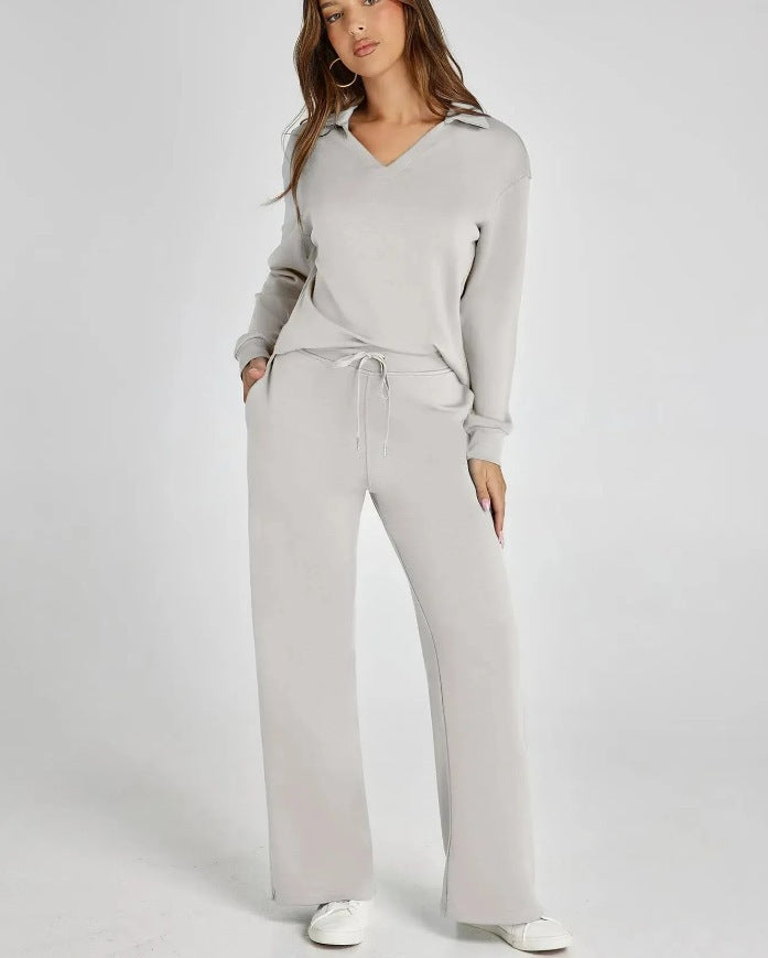 V-neck long-sleeved top with elastic waist and flared trousers two-piece set