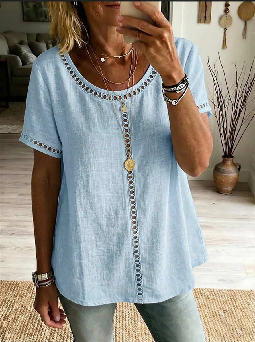 Solid color hollowed-out lace fashionable short-sleeved shirt