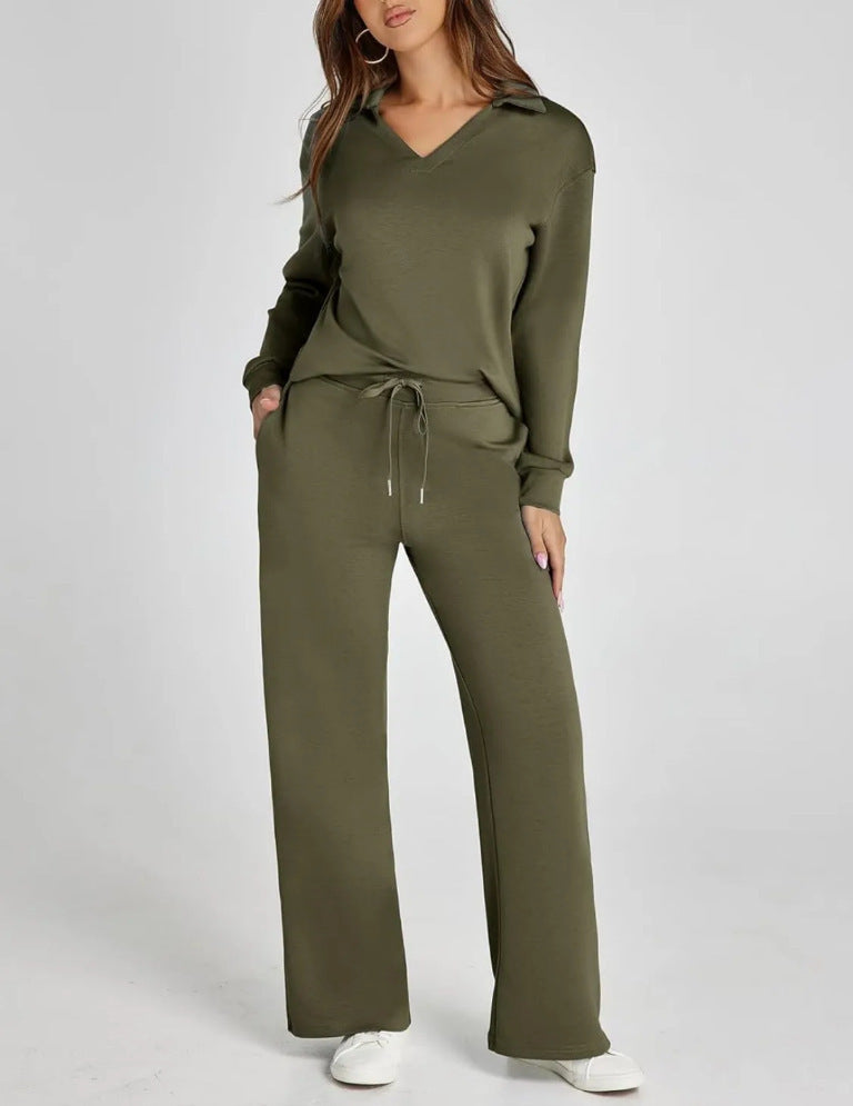 V-neck long-sleeved top with elastic waist and flared trousers two-piece set