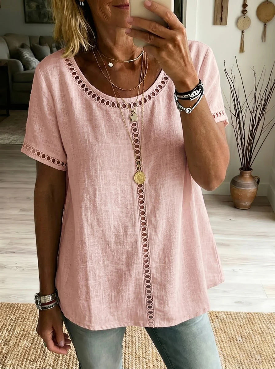Solid color hollowed-out lace fashionable short-sleeved shirt