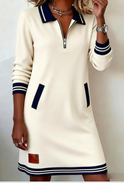 Spring and Autumn Casual Zipper Long-Sleeve Sweatshirt Dress Color Block Midi Skirt