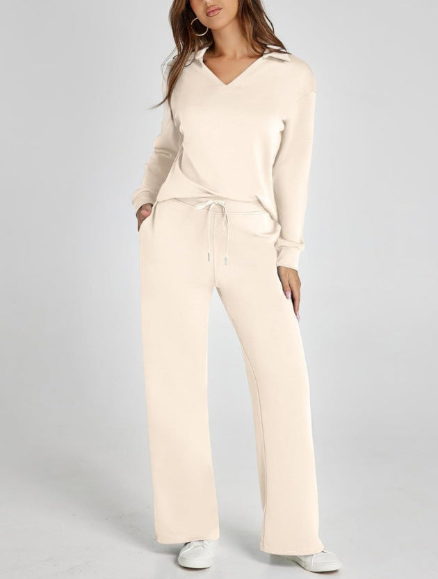 V-neck long-sleeved top with elastic waist and flared trousers two-piece set