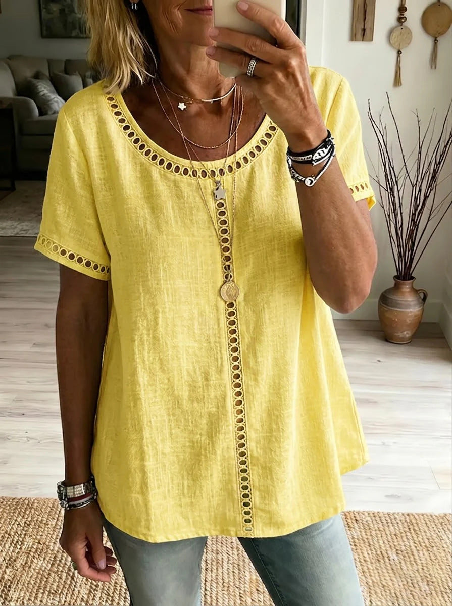 Solid color hollowed-out lace fashionable short-sleeved shirt