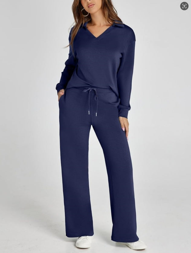 V-neck long-sleeved top with elastic waist and flared trousers two-piece set