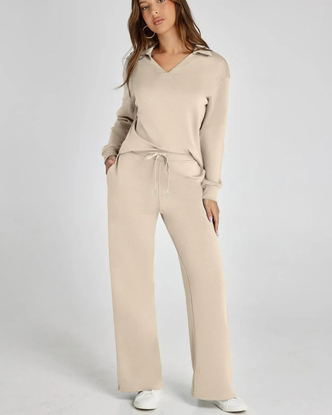 V-neck long-sleeved top with elastic waist and flared trousers two-piece set