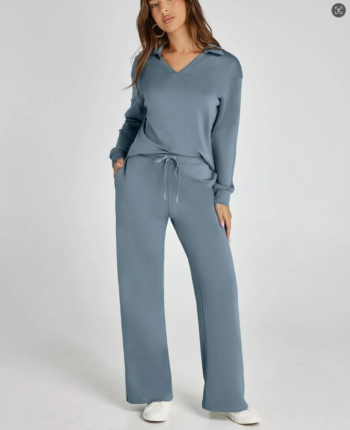 V-neck long-sleeved top with elastic waist and flared trousers two-piece set