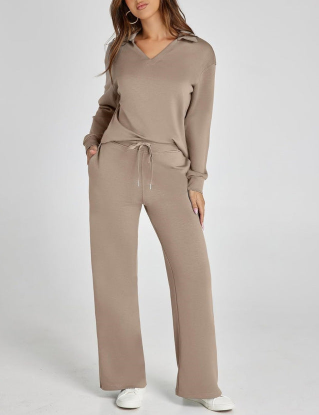 V-neck long-sleeved top with elastic waist and flared trousers two-piece set