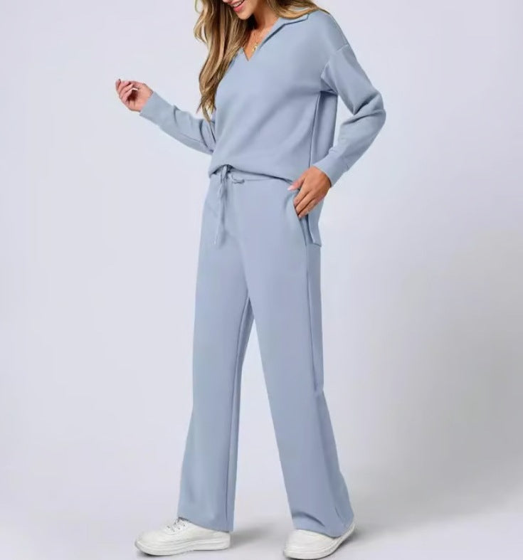 V-neck long-sleeved top with elastic waist and flared trousers two-piece set