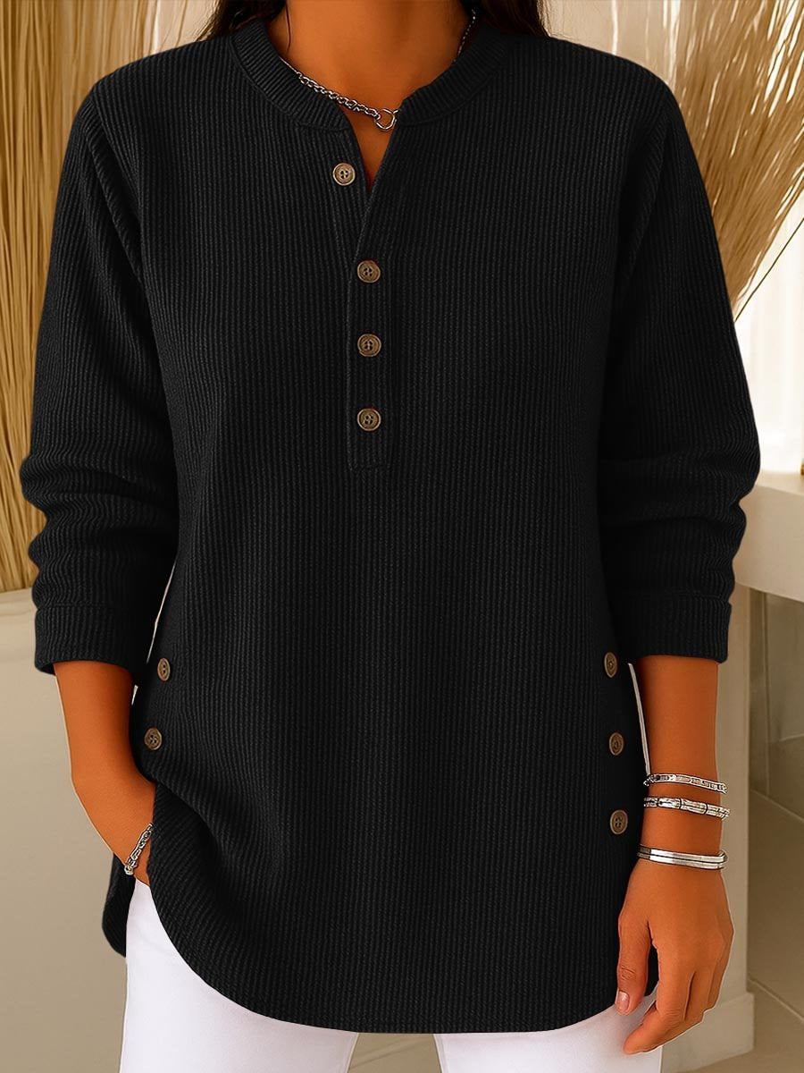 Casual V-neck button-down long-sleeved women's top T-shirt