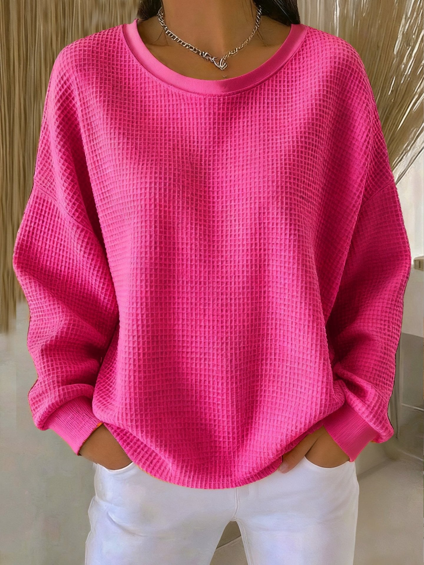 Color-blocked round neck loose long-sleeved top