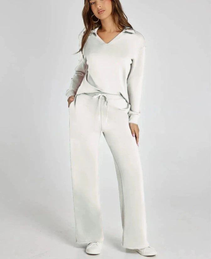 V-neck long-sleeved top with elastic waist and flared trousers two-piece set