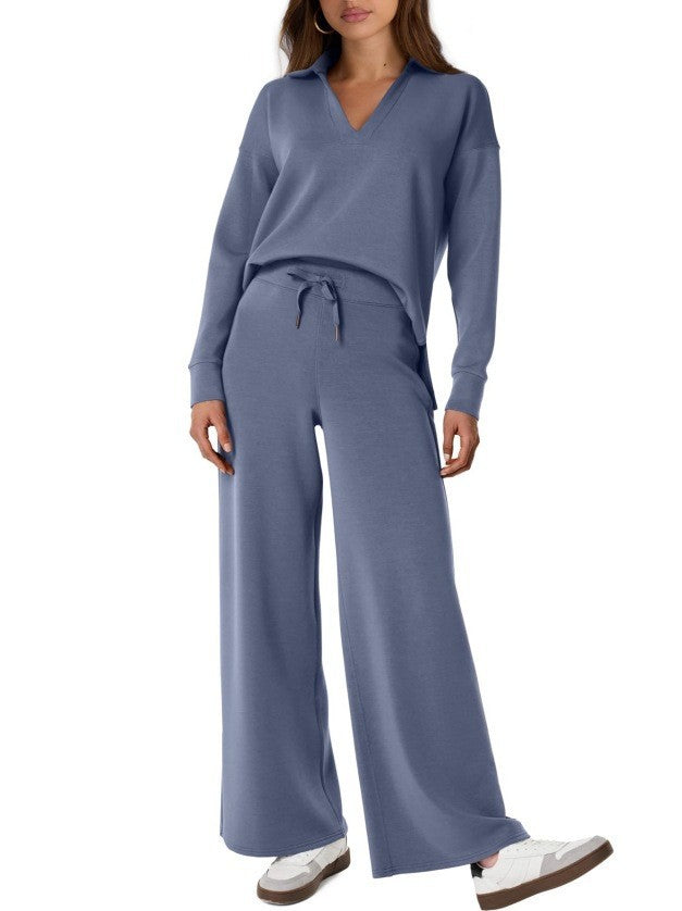 V-neck long-sleeved top with elastic waist and flared trousers two-piece set