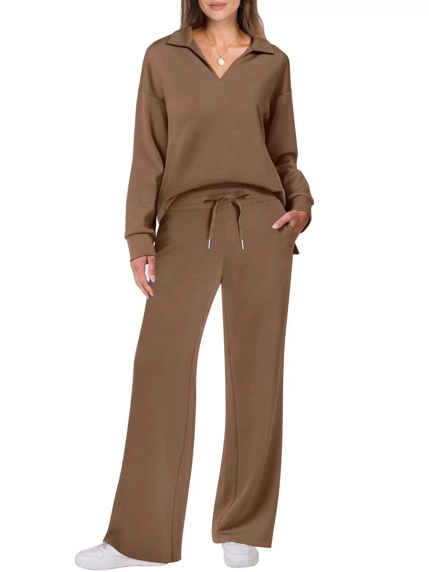 V-neck long-sleeved top with elastic waist and flared trousers two-piece set