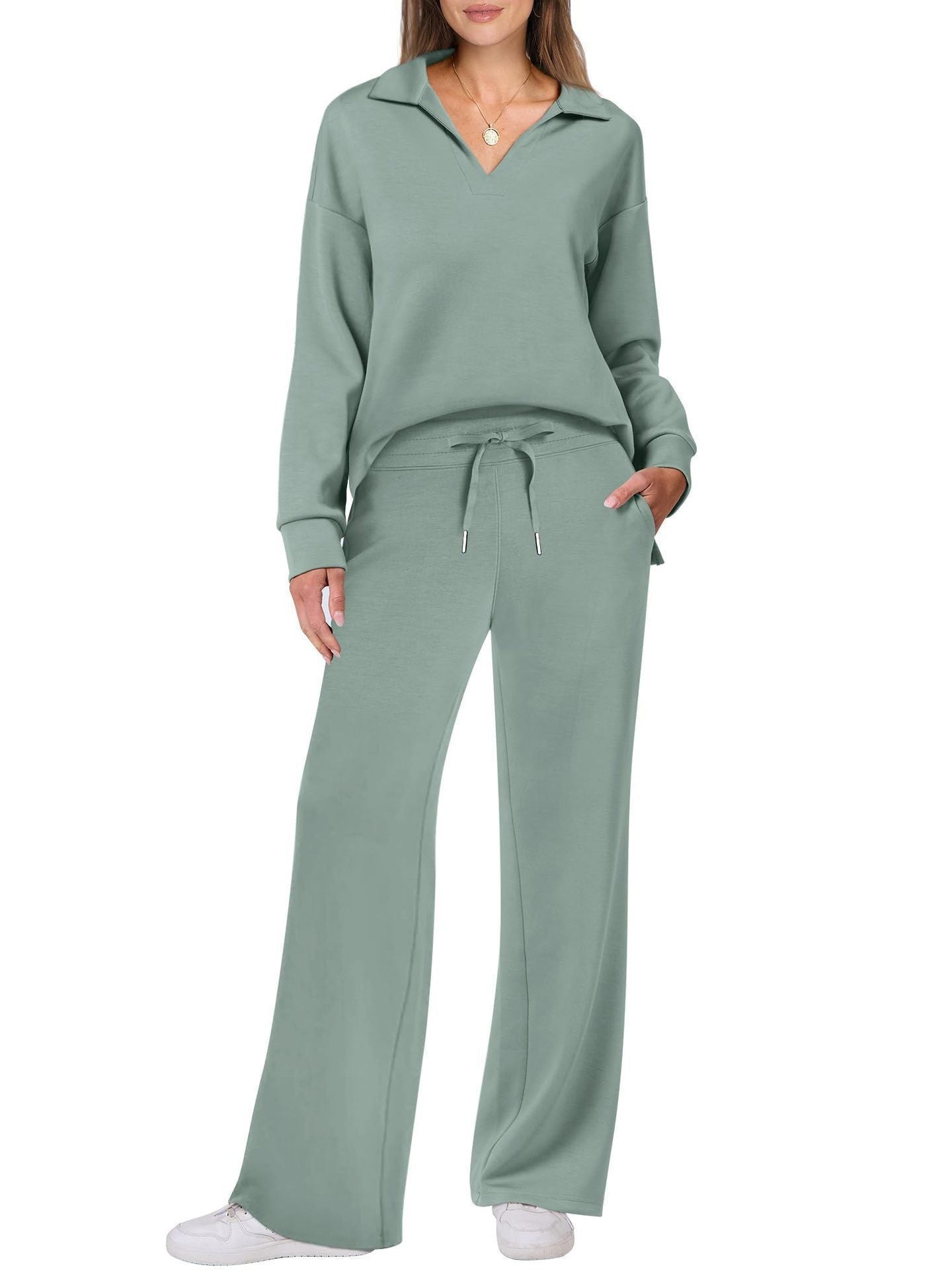 V-neck long-sleeved top with elastic waist and flared trousers two-piece set