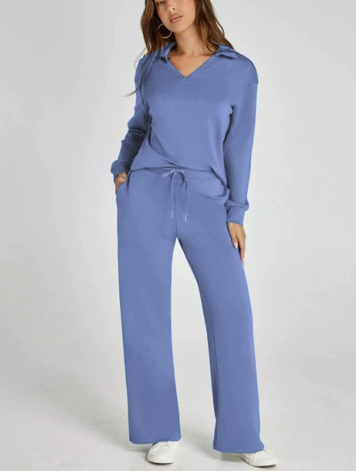 V-neck long-sleeved top with elastic waist and flared trousers two-piece set