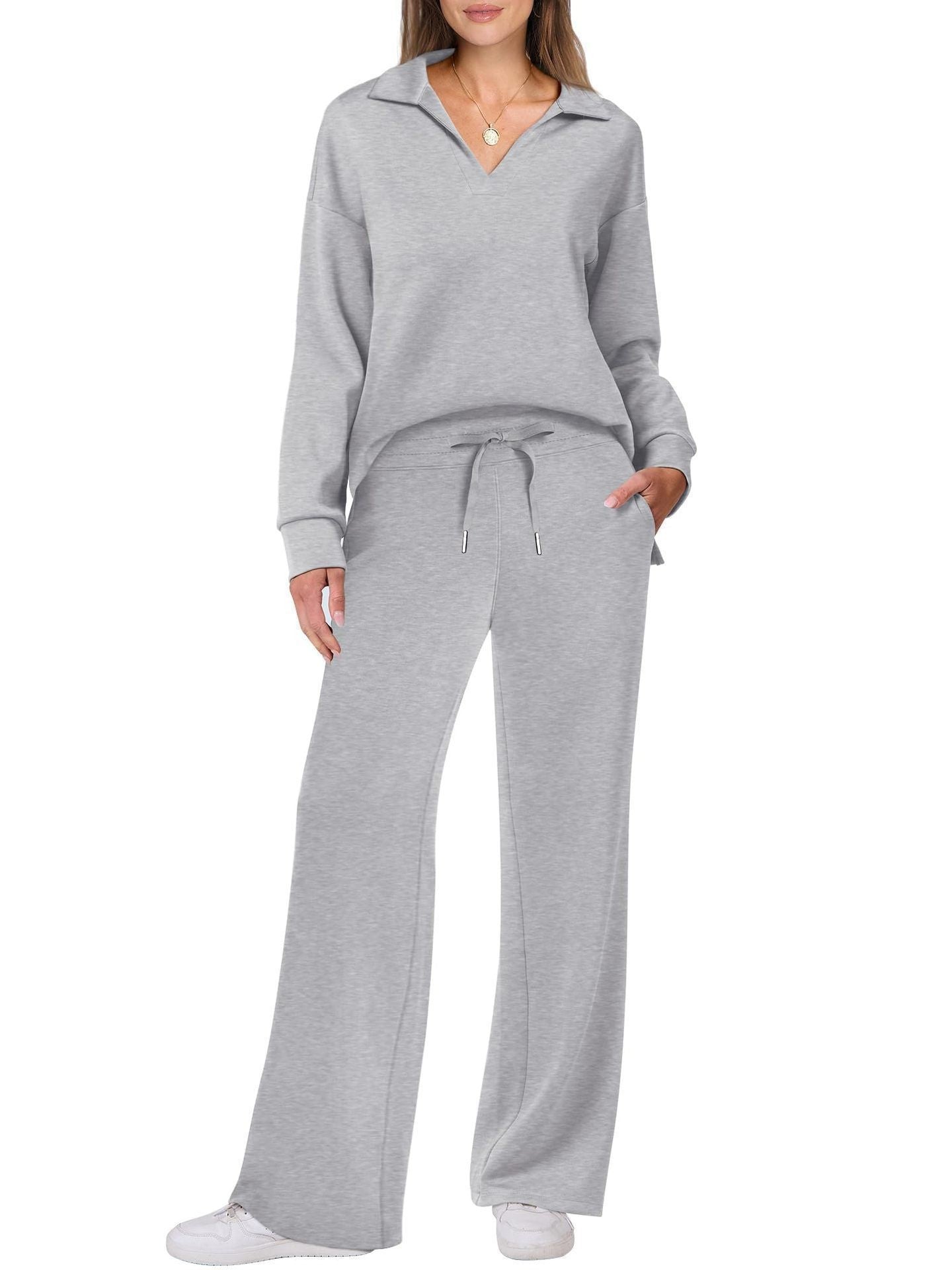 V-neck long-sleeved top with elastic waist and flared trousers two-piece set