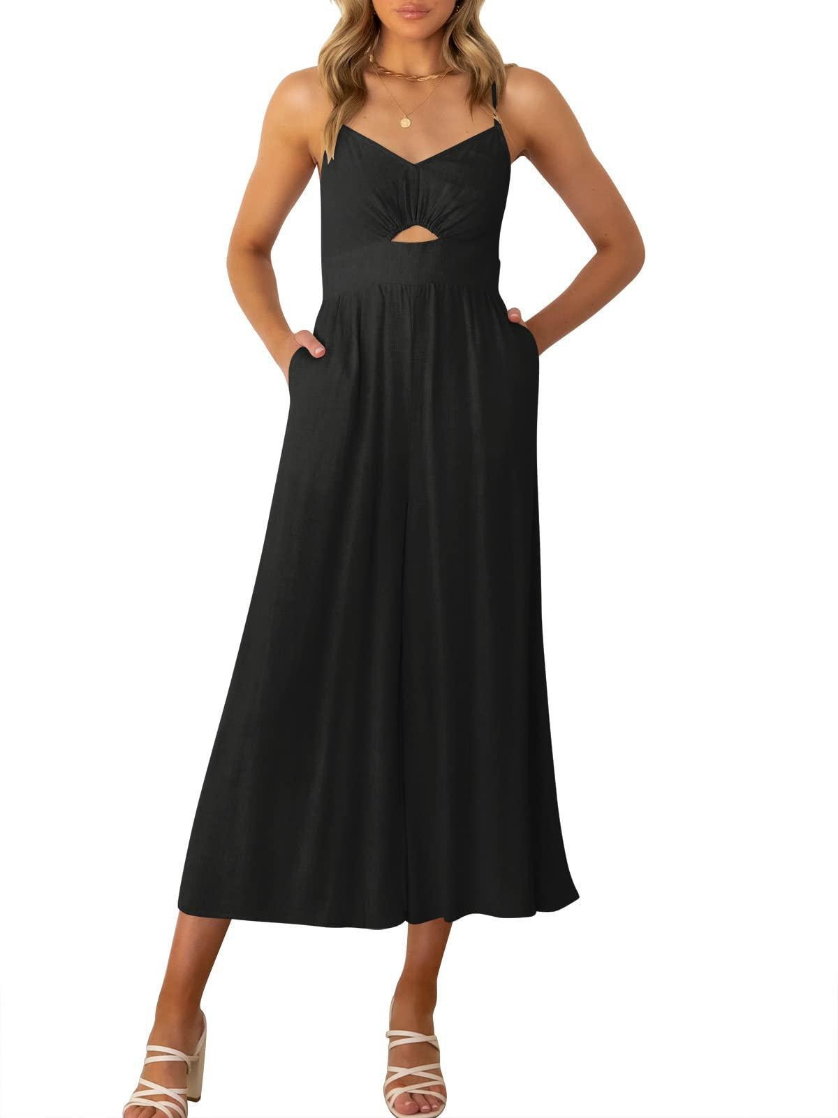 One-piece sleeveless solid color loose hollow patchwork suspender dress