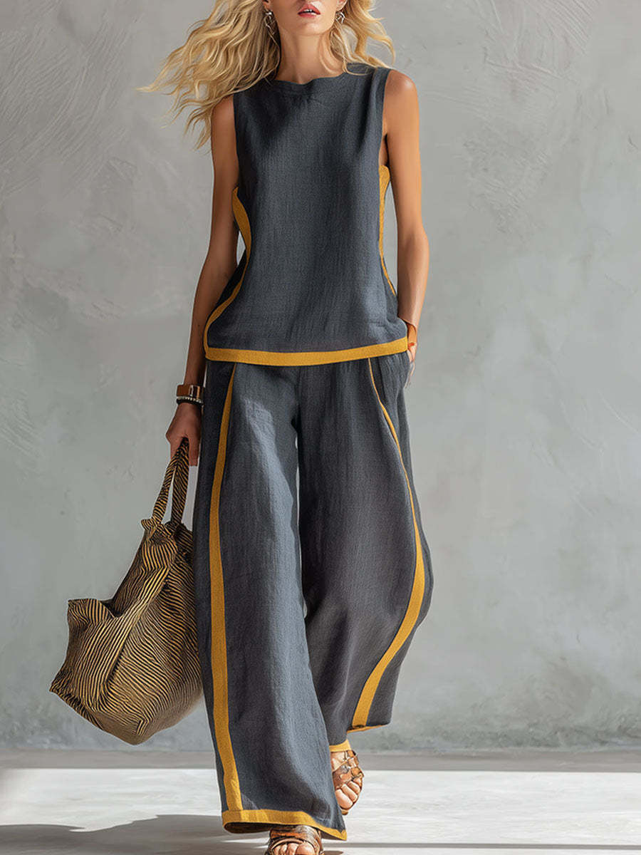 Summer color-blocked sleeveless vest and wide-leg pants set