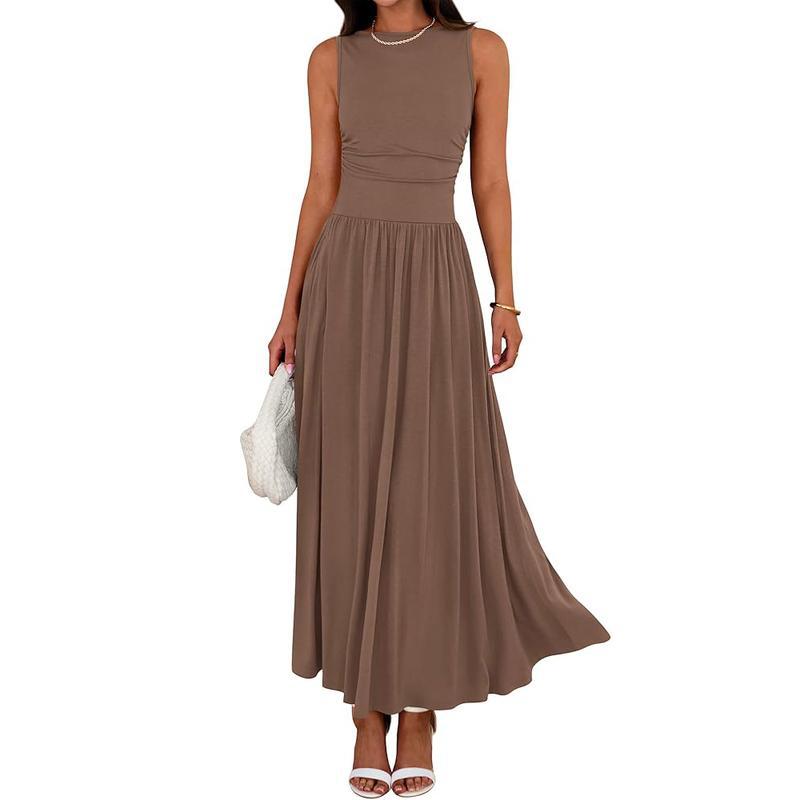 Women's sleeveless long dress, round neck, high waist, patchwork pleated summer dress