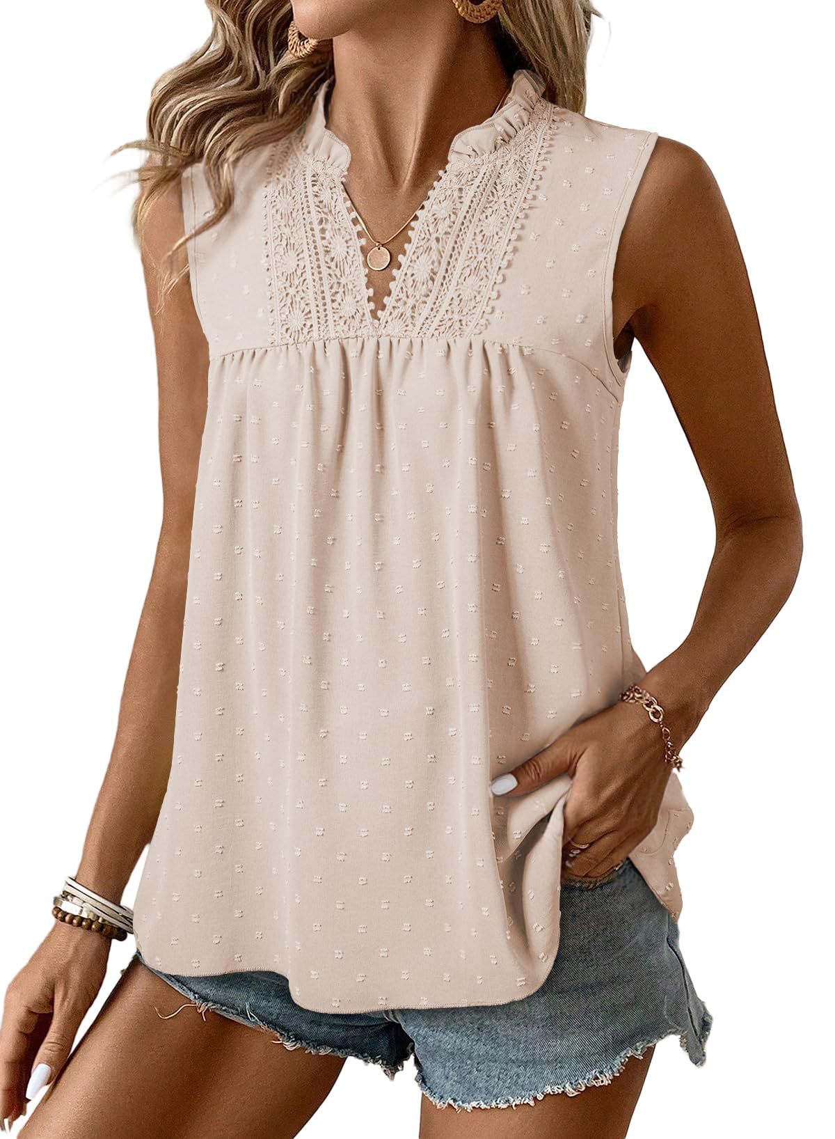 Lace Casual Sleeveless Swiss Polka Dot Top