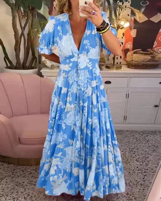 V-neck floral print beach dress
