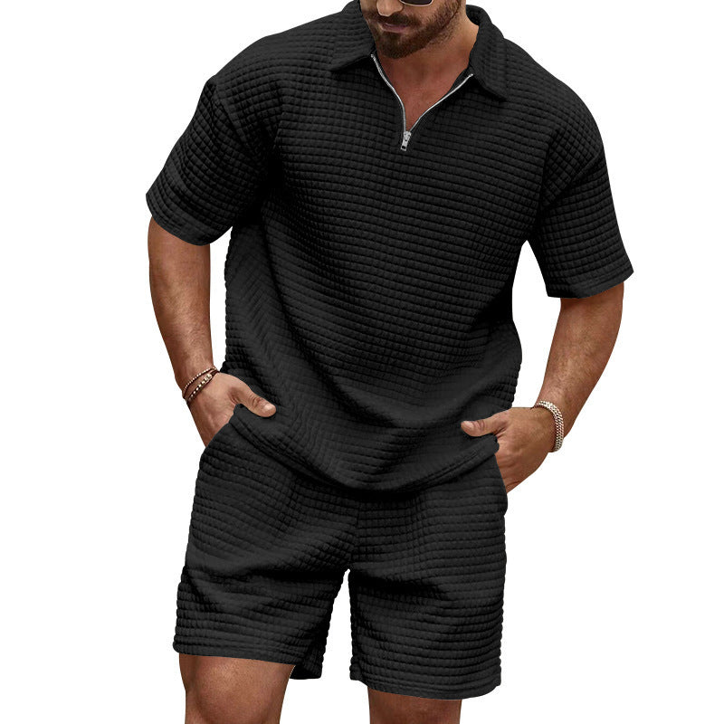 New Summer Casual Waffle Knit Solid Color Collared Sweatshirt Tracksuit