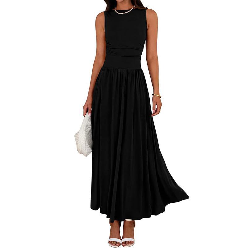 Women's sleeveless long dress, round neck, high waist, patchwork pleated summer dress
