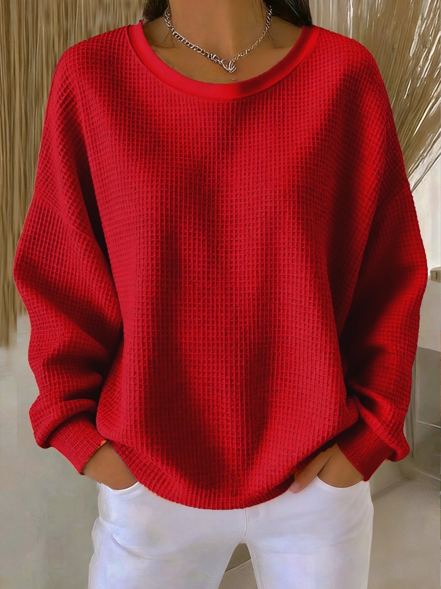 Color-blocked round neck loose long-sleeved top