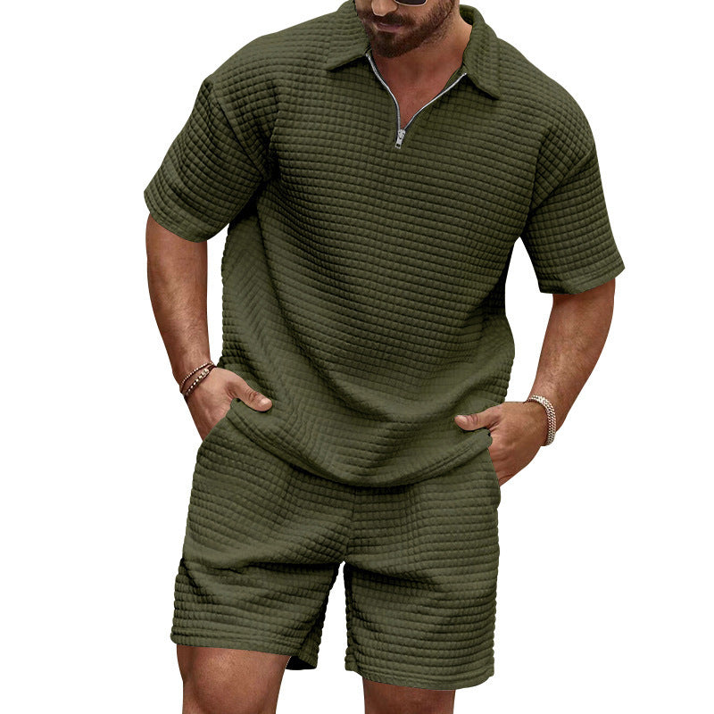 New Summer Casual Waffle Knit Solid Color Collared Sweatshirt Tracksuit