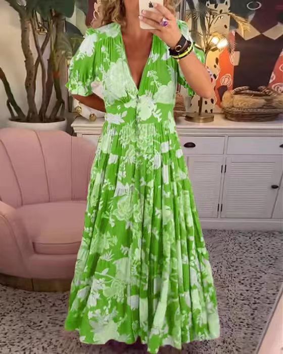 V-neck floral print beach dress