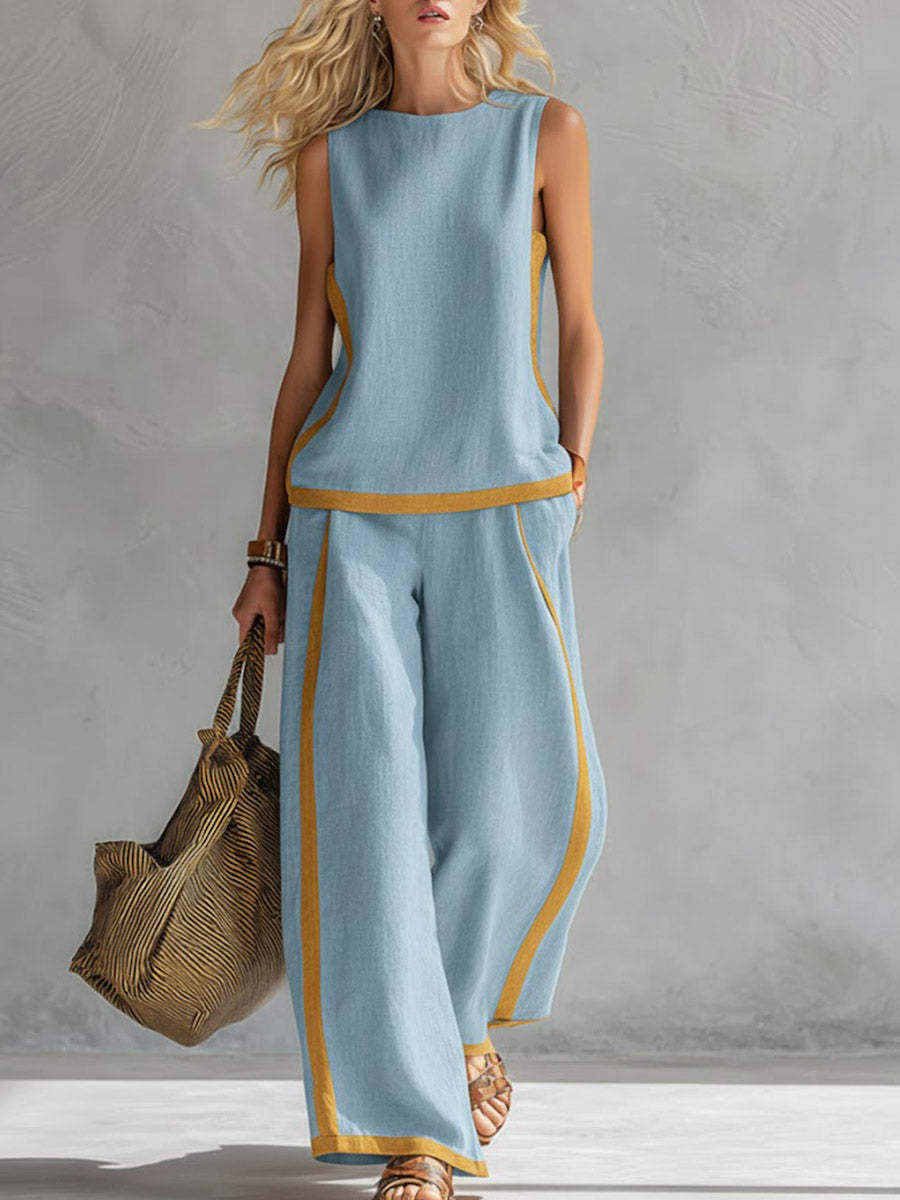 Summer color-blocked sleeveless vest and wide-leg pants set