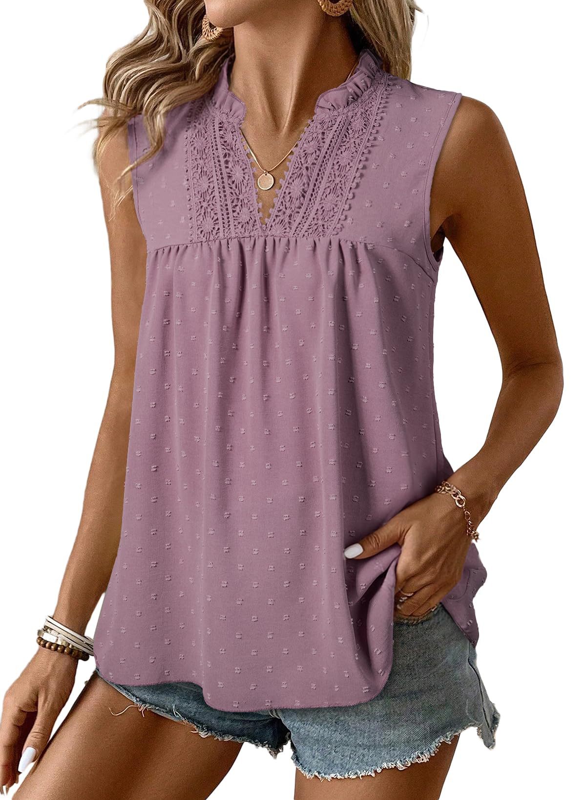Lace Casual Sleeveless Swiss Polka Dot Top