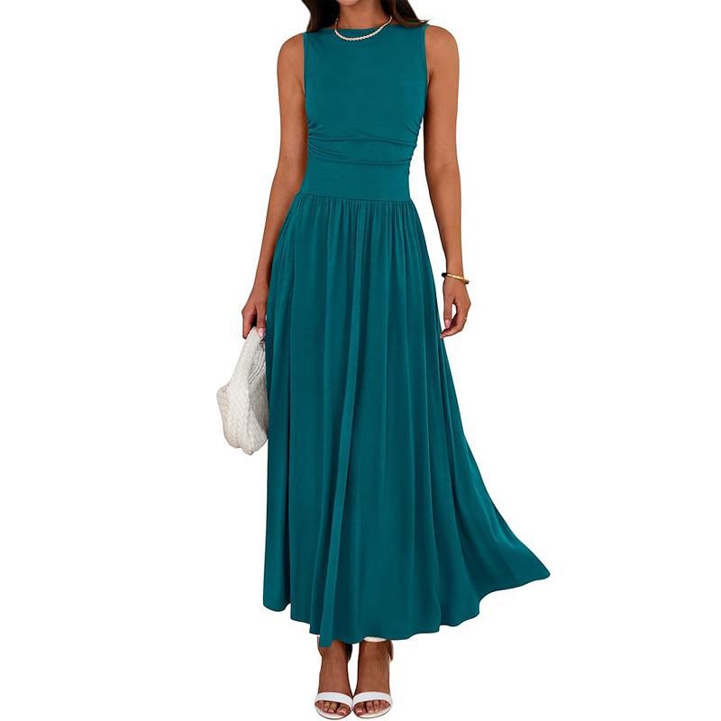 Women's sleeveless long dress, round neck, high waist, patchwork pleated summer dress
