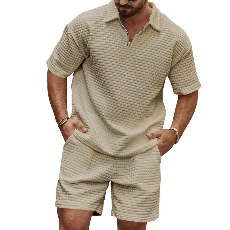 New Summer Casual Waffle Knit Solid Color Collared Sweatshirt Tracksuit