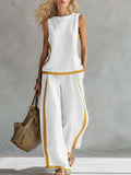 Summer color-blocked sleeveless vest and wide-leg pants set