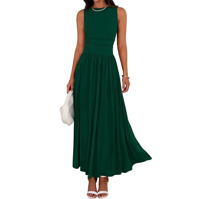 Women's sleeveless long dress, round neck, high waist, patchwork pleated summer dress