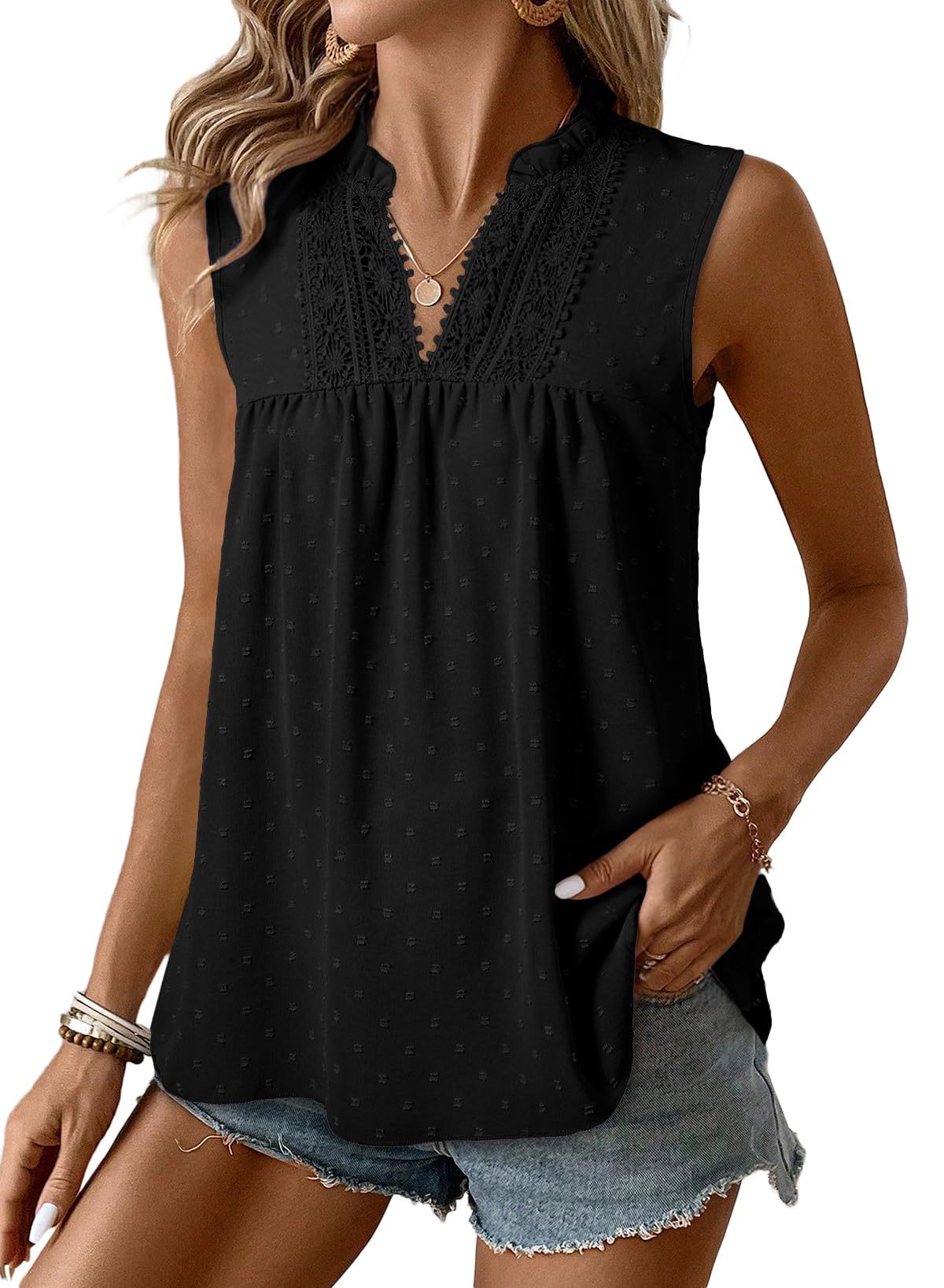 Lace Casual Sleeveless Swiss Polka Dot Top