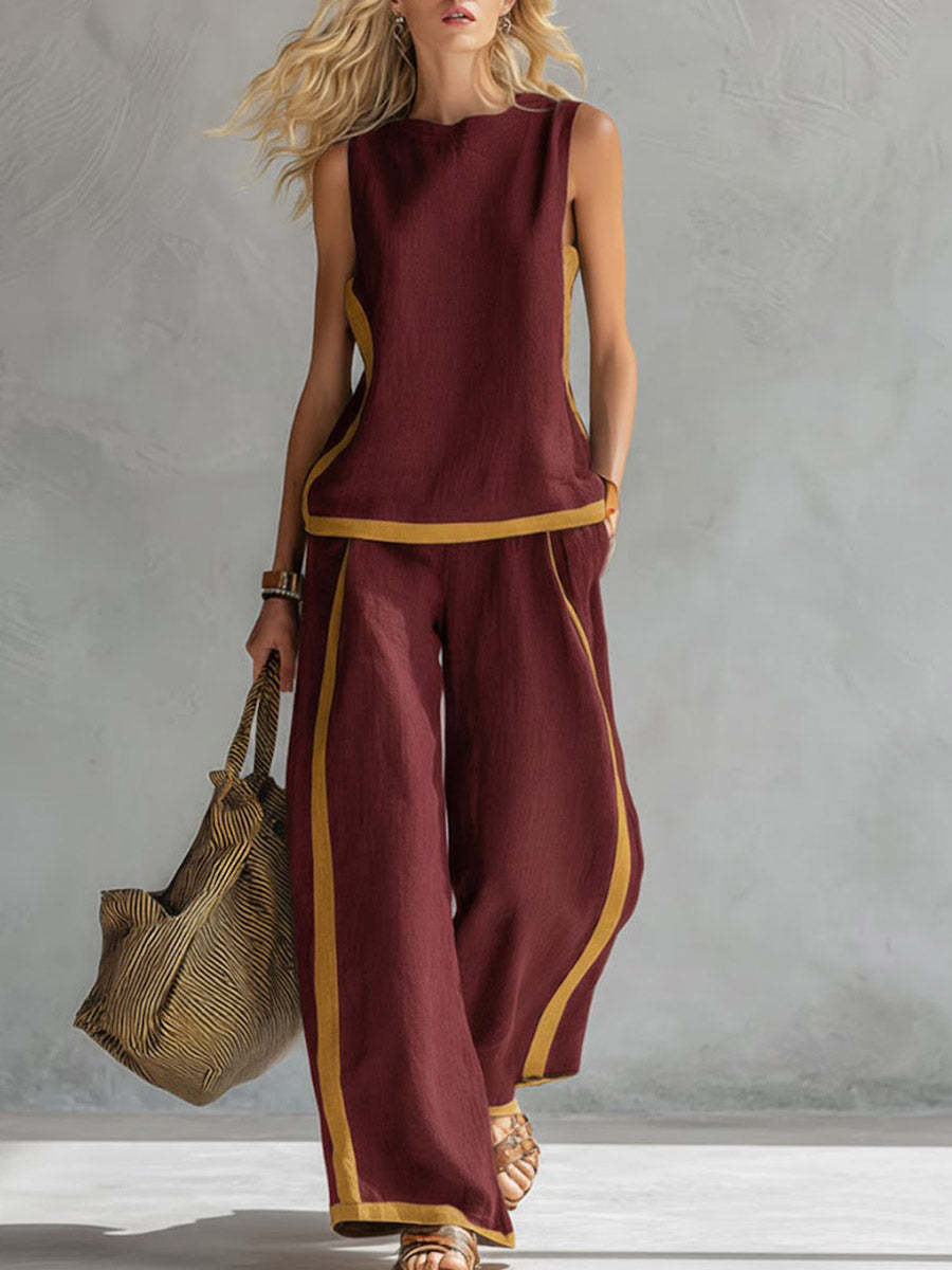 Summer color-blocked sleeveless vest and wide-leg pants set