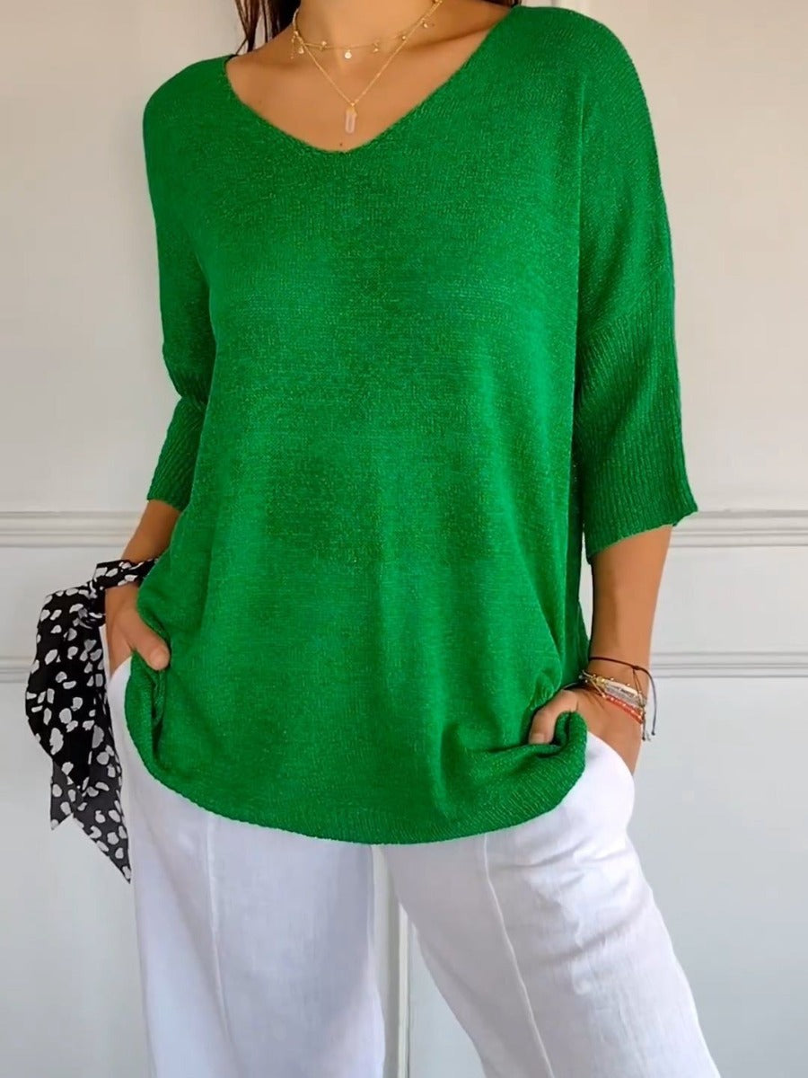 Slimming V-neck solid color knit top for women