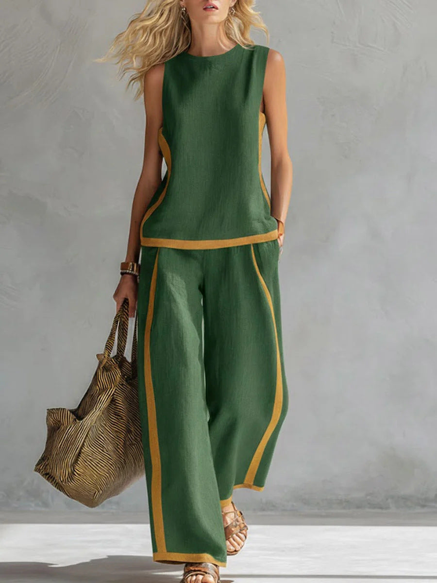 Summer color-blocked sleeveless vest and wide-leg pants set