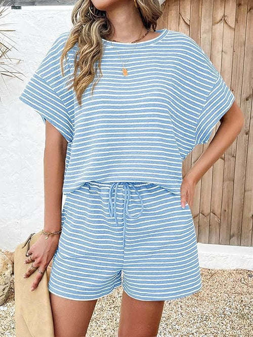 Casual striped short-sleeved T-shirt and drawstring shorts set