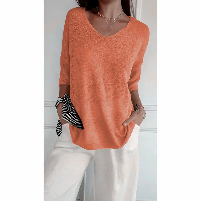 Slimming V-neck solid color knit top for women