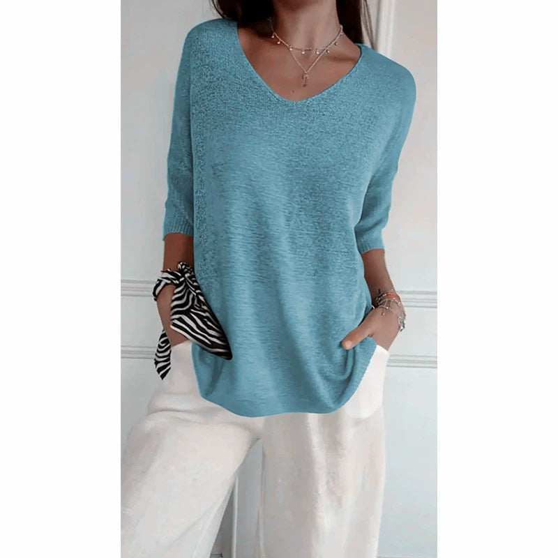 Slimming V-neck solid color knit top for women